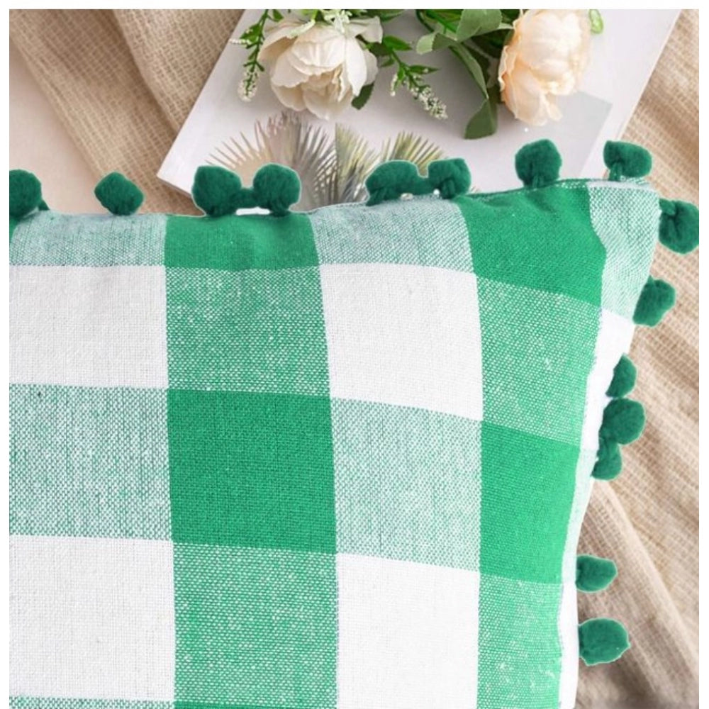 Green cotton checkered cushion cover with pom poms (2 pack, size 12x20in)
