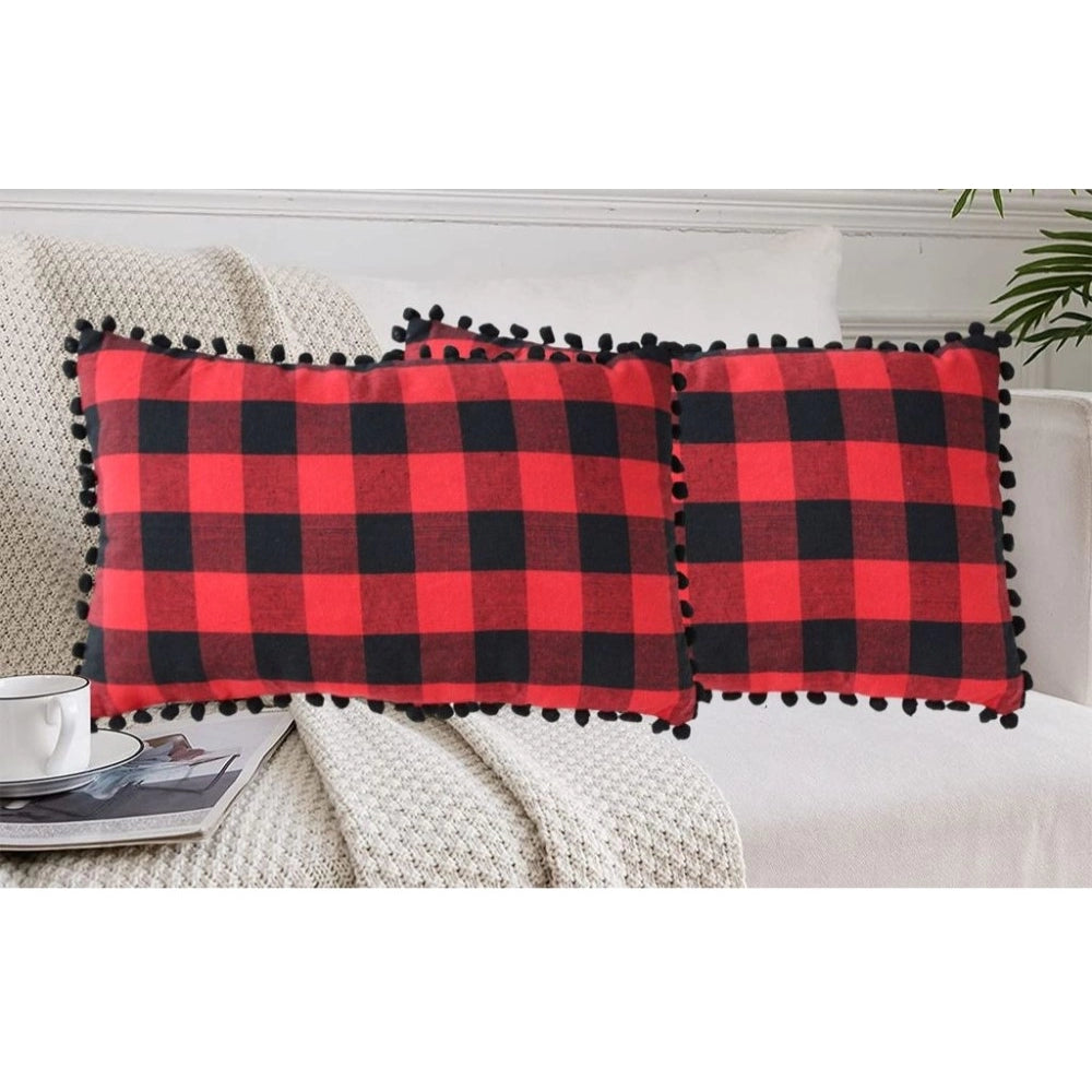 Red & black cotton checkered cushion cover with pom pom (size: 12x20in) - vibrant home decor accessory