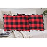 Red & black cotton checkered cushion cover with pom pom (size: 12x20in) - vibrant home decor accessory