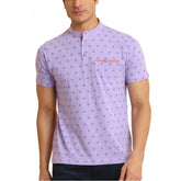 Men's Casual Cotton Printed Mandarin Collar Half Sleeve T-Shirt (Lavender)