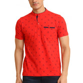 Men's Casual Cotton Printed Mandarin Collar Half Sleeve T-Shirt (Red)
