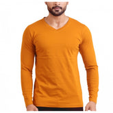 Men's Casual Cotton Solid V Neck Full Sleeve T-Shirt (Mustard)