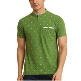 Men's Casual Cotton Printed Mandarin Collar Half Sleeve T-Shirt (Green)