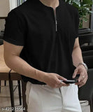 Cotton Blend round neck t-shirt with half sleeves, vibrant color, and zip closure - Made in India