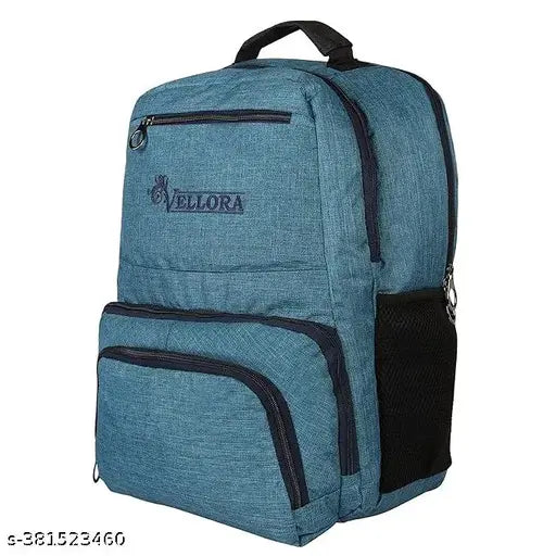 Durable blue polyester laptop backpack, fits 15.6" laptops, features adjustable padded shoulder straps, multiple zipper pockets, and water-resistant material for travel and school use