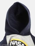 Grey navy blue printed cotton blend hooded sweatshirt for boys, 2-3 years size, 5-6 years size, 6-7 years size, and 7-8 years size available