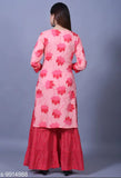 Women's printed rayon Kurta set with Sharara, three-quarter sleeves, Indian ethnic wear on display