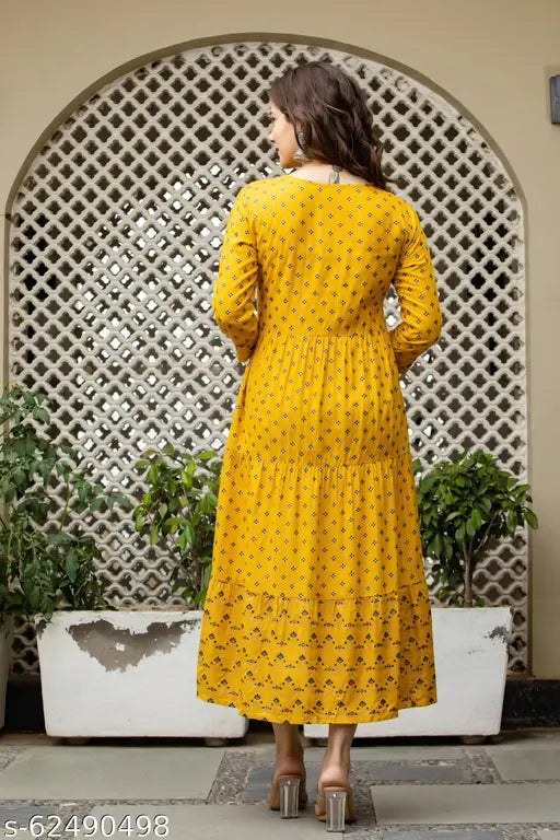 Mustard cotton three-quarter sleeve Dori gown, heavy rayon 140 gsm, embroidery yoke neck, suitable for festivals and casual party wear, Indian ethnic design