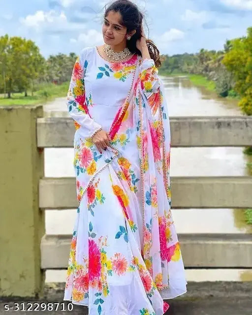 Georgette floral printed party gown with dupatta, women's long-sleeve, Indian festive wear, size S-XXL