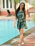 Green rayon sleeveless print jumpsuit for women, latest fashion on mannequin