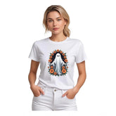 Women's white polyester solid printed round neck half-sleeve t-shirt
