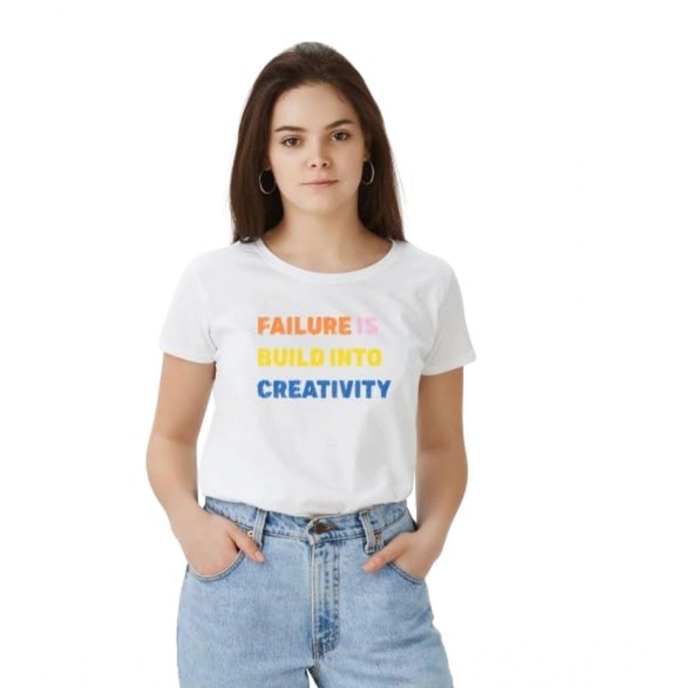 Women's white polyester solid printed round neck half sleeve t-shirt, vibrant design on display