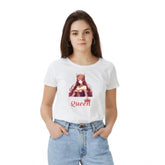 Women's white polyester solid printed round neck half sleeve t-shirt, fashionable casualwear for women on display