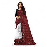 Red silk saree with mirror lace pattern, unstitched blouse (5-5 mtrs)