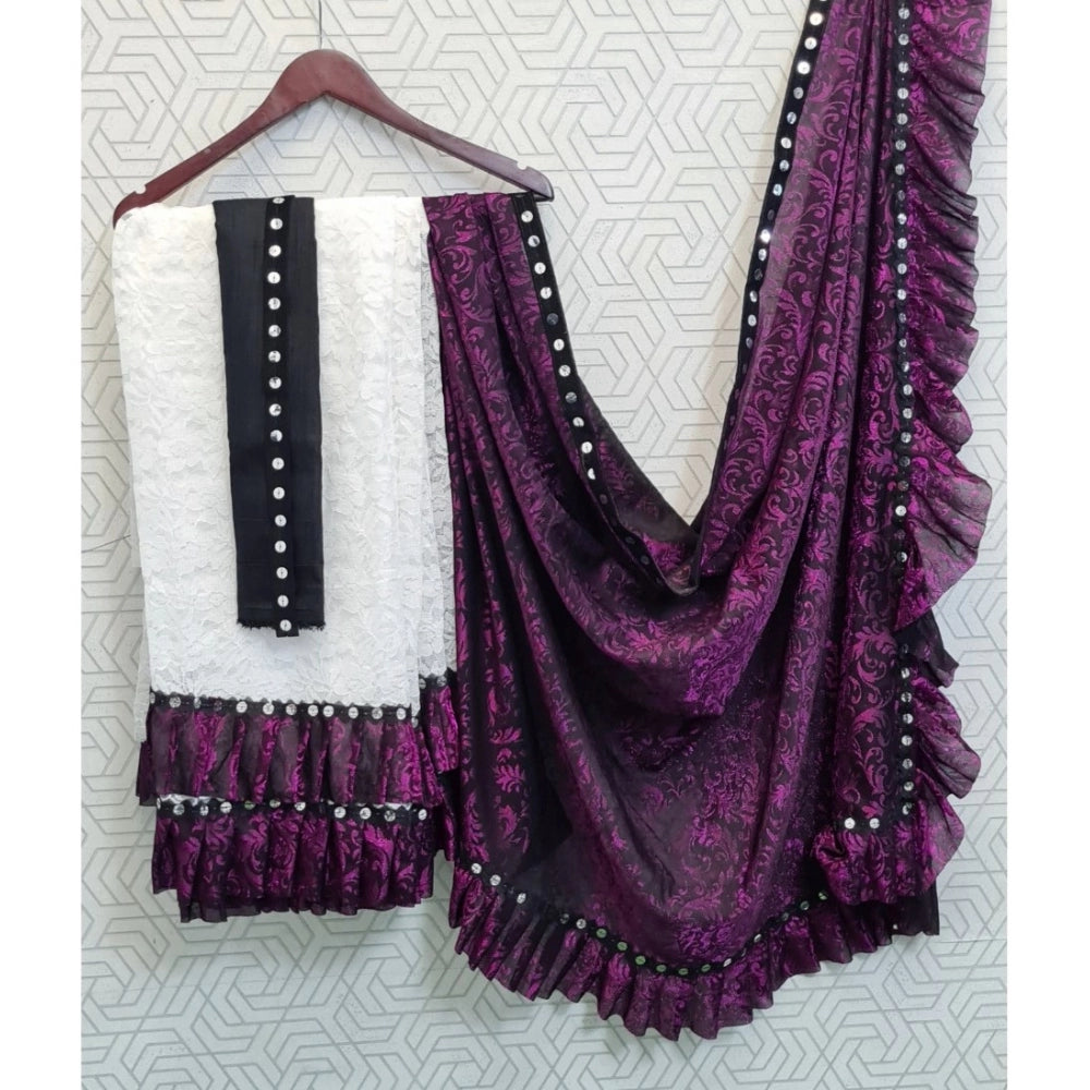 Pink silk saree with mirror lace pattern, unstitched blouse (5-5 Mtrs) for traditional Indian wear