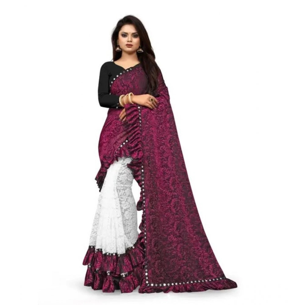 Pink silk saree with mirror lace pattern, half-half ruffle style, unstitched blouse (5-5 meters)