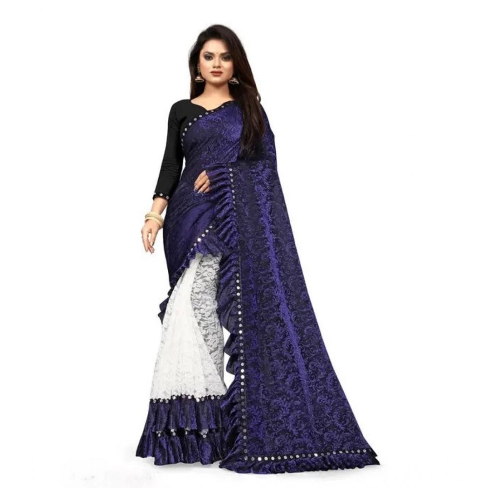 Blue silk saree with mirror lace, half-half ruffled style, unstitched blouse (5-5 meters)