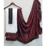 Red silk saree with mirror lace pattern, half-half ruffle design featuring an unstitched blouse