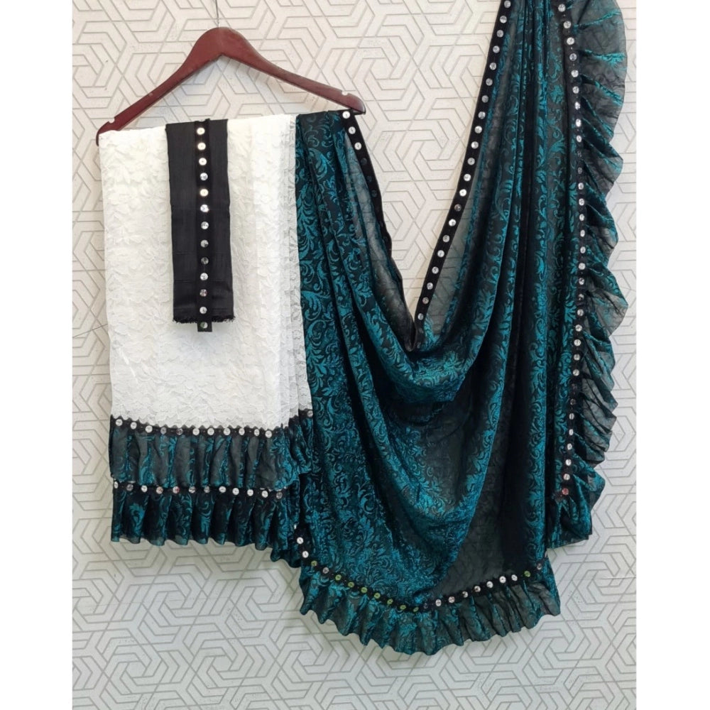 Rama silk saree with mirror lace pattern, unstitched blouse (5-5 mtrs), traditional Indian women's wear