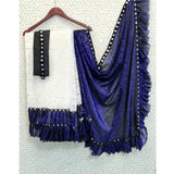 Blue silk saree with mirror lace pattern, unstitched blouse (5-5 mtrs)