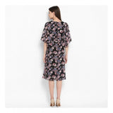 Black & multicolor polyester floral short sleeve knee-length dress on model, vibrant floral pattern