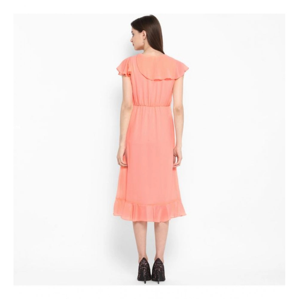 Neon pink polyester ruffled cap sleeve below-knee dress, vibrant fashion attire for women