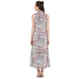 Multicolor polyester chiffon printed sleeveless dress for women, vibrant fashion wear on mannequin