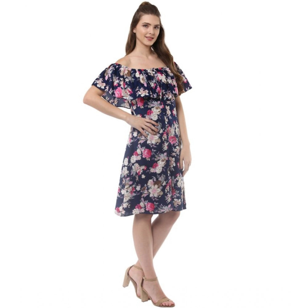 Navy blue polyester crepe floral half-sleeve dress on mannequin with off-shoulder neckline