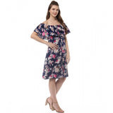 Navy blue polyester crepe floral half-sleeve dress on mannequin with off-shoulder neckline