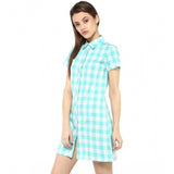 Skublue and white rayon checkered above knee dress for women - short sleeves, collar neck