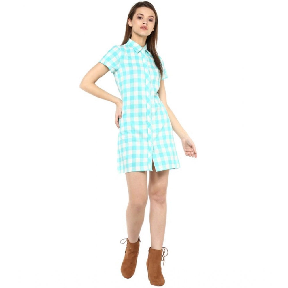 SkuBlue and white rayon checkered short sleeve above knee dress for women, stylish summer outfit on mannequin
