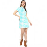 SkuBlue and white rayon checkered short sleeve above knee dress for women, stylish summer outfit on mannequin