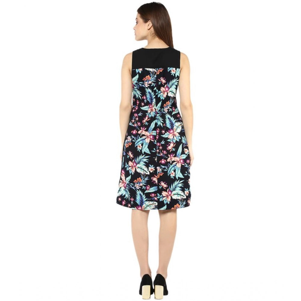 Black & multicolor printed polyester sleeveless above-knee dress for women
