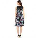 Black & multicolor printed polyester sleeveless above-knee dress for women
