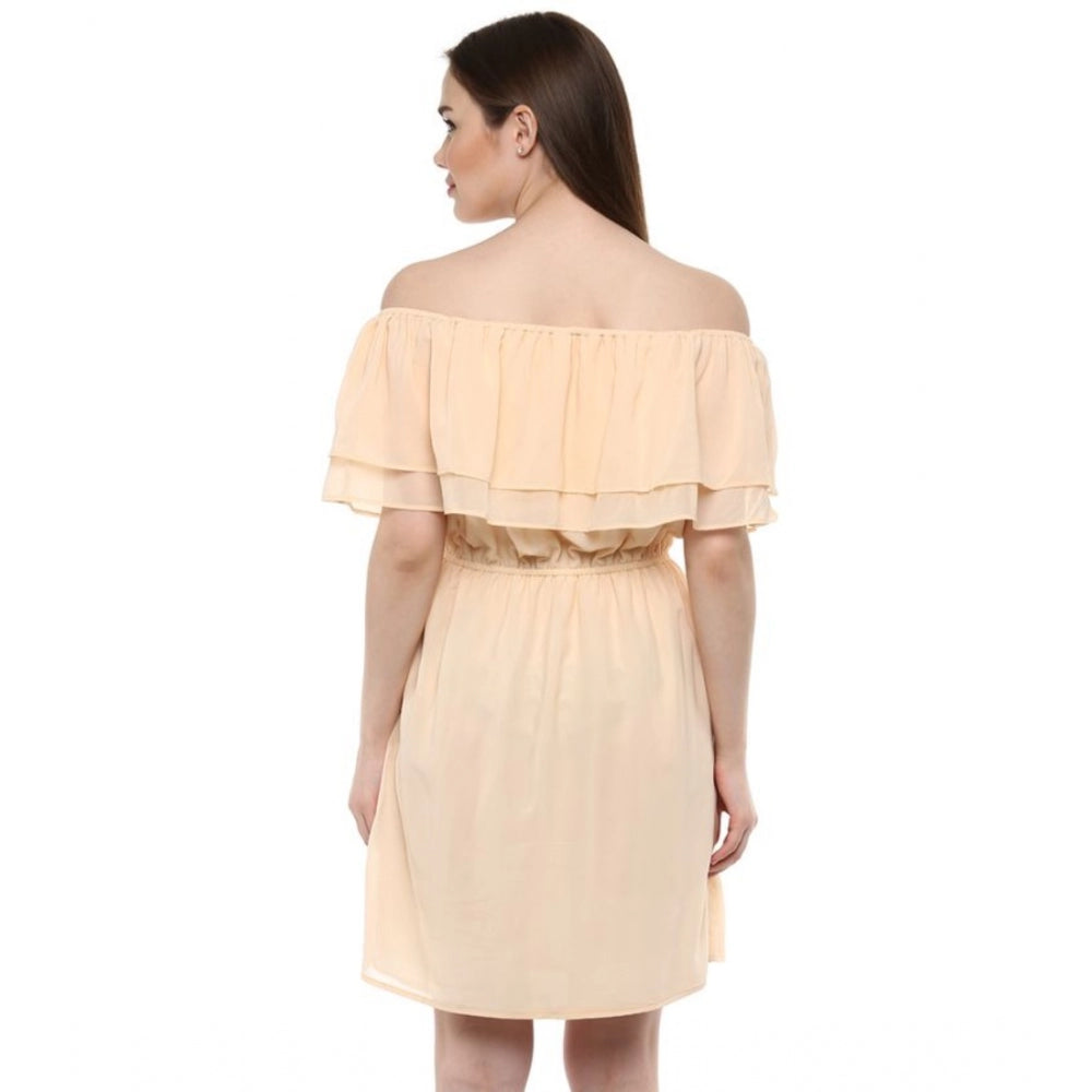 Beige polyester sleeveless knee-length dress - solid, off shoulder design for women