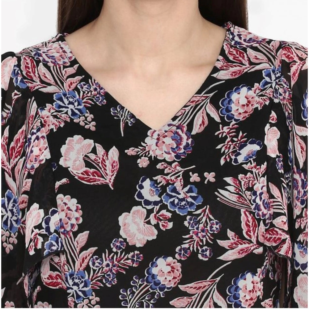 Black & multicolor polyester floral short sleeve knee-length dress on model