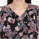 Black & multicolor polyester floral short sleeve knee-length dress on model