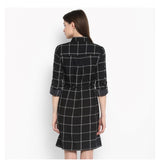 Women's Polyester Checkered Roll Up Sleeve Above Knee Dress (Black - White)