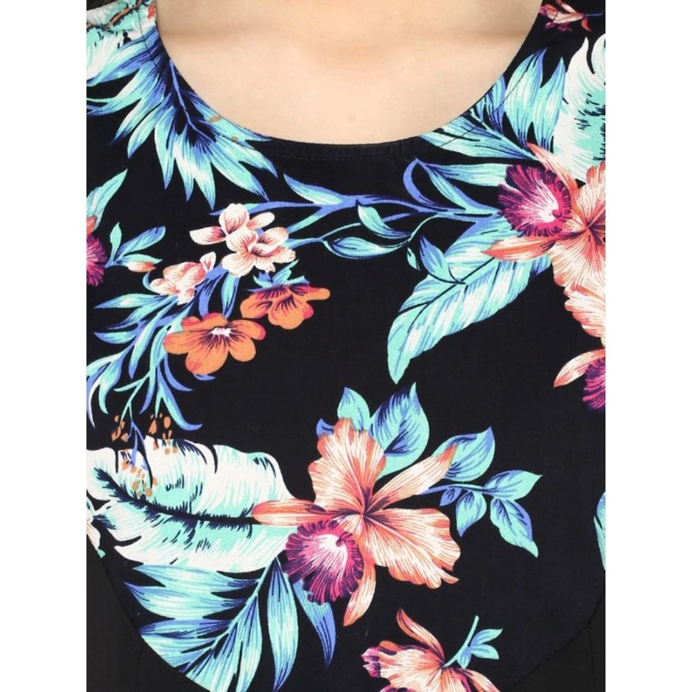 Black & multicolor printed polyester sleeveless above-knee dress on mannequin