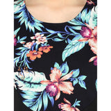 Black & multicolor printed polyester sleeveless above-knee dress on mannequin