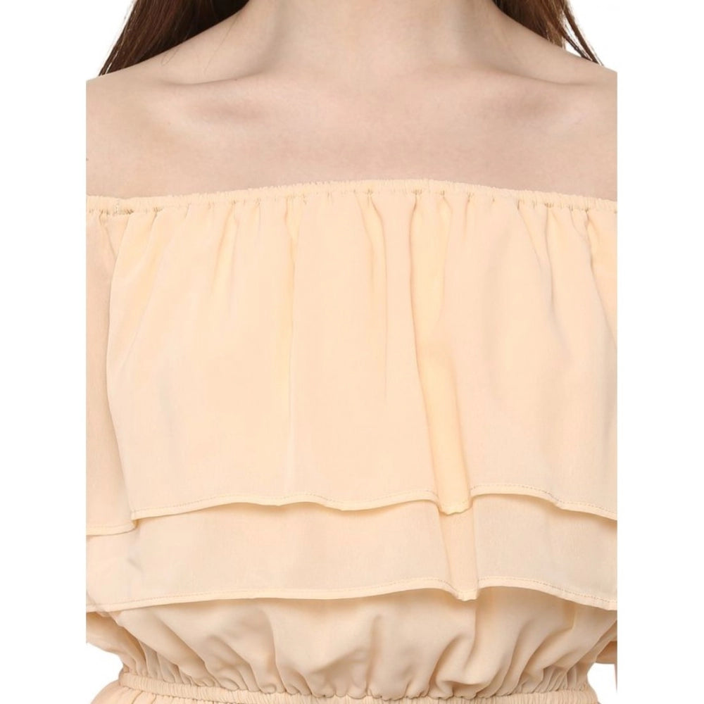 Beige polyester sleeveless knee-length dress, solid design for women's summer fashion (off shoulder neckline)