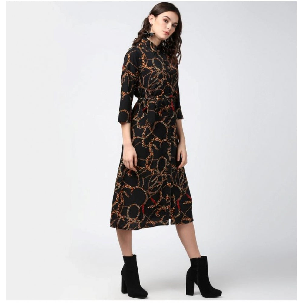 Black & yellow polyester chain print roll up sleeve below knee dress with collar neckline on hanger