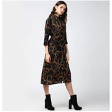 Black & yellow polyester chain print roll up sleeve below knee dress with collar neckline on hanger