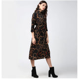 Women's Polyester Chain Print Roll Up Sleeve Below Knee Dress (Black - Yellow)
