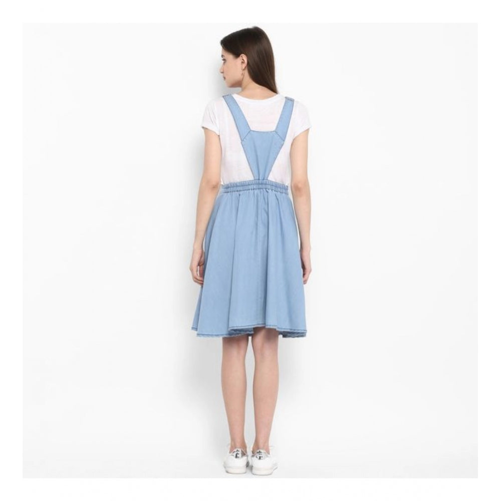 Blue denim women's sleeveless above-knee dress with solid pattern