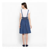 Blue denim solid shoulder straps below knee dress with round neck, denim fashion for women