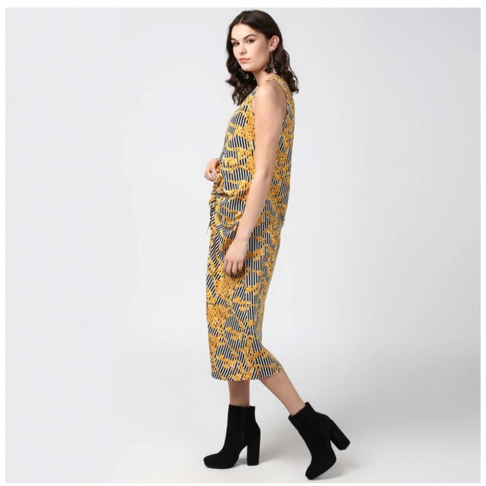 Yellow-Black polyester chain print sleeveless below knee dress for women
