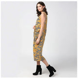 Women's Polyester Chain Print Sleeveless Below Knee Dress (Yellow - Black)