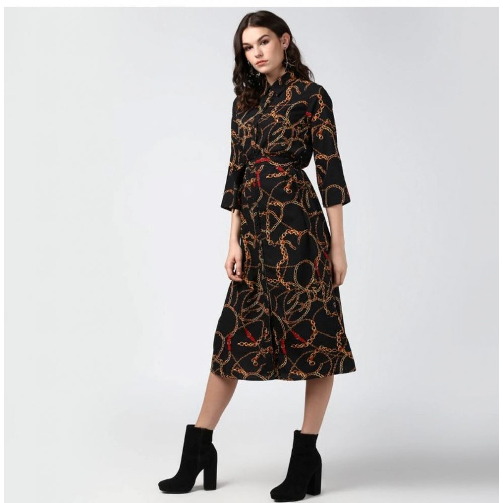 Black & yellow polyester chain print roll up sleeve below knee dress, patterned fashion for women's casual wear
