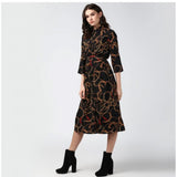 Women's Polyester Chain Print Roll Up Sleeve Below Knee Dress (Black - Yellow)